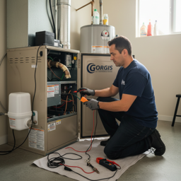 Gorgis Air Conditioning & Heating technician repairing residential furnace and heating system