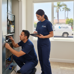 Gorgis Air Conditioning & Heating technicians performing 38-point HVAC maintenance inspection